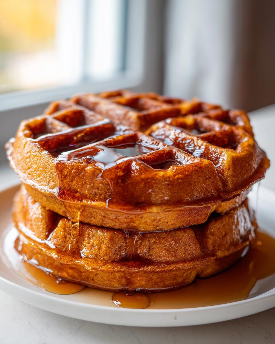 A tall stack of golden brown pumpkin waffles drizzled generously with maple syrup.