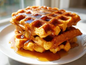 A tall stack of golden brown pumpkin waffles generously drizzled with maple syrup, sitting on a white plate.