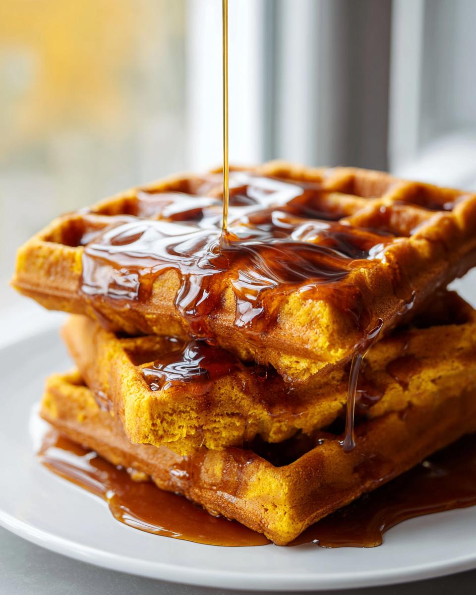 Close-up of a stack of three golden pumpkin waffles being drizzled with maple syrup.