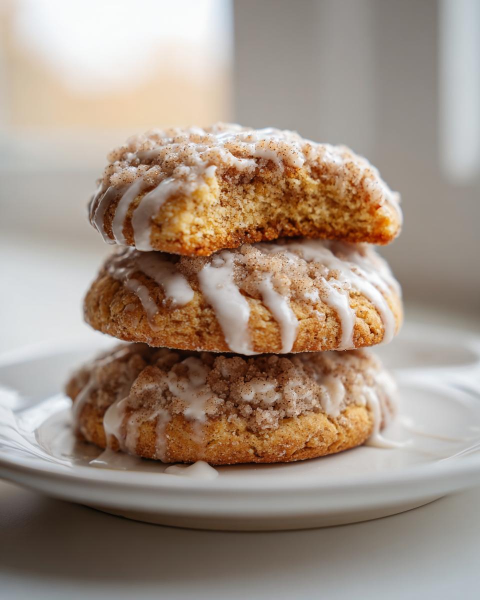 Three stacked coffee cake cookies topped with cinnamon streusel and white vanilla glaze.