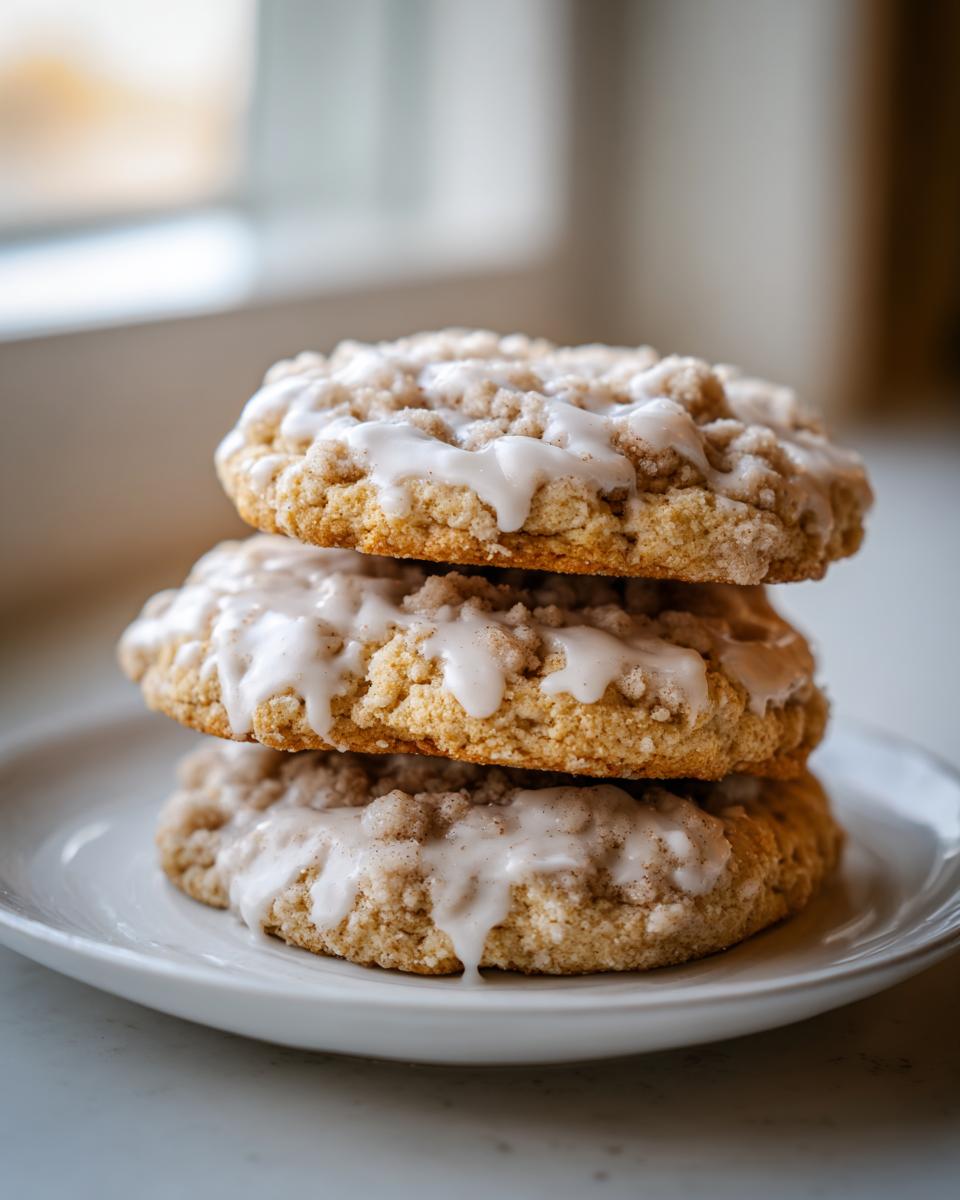 Three stacked coffee cake cookies topped with crumb topping and a vanilla glaze drizzle.
