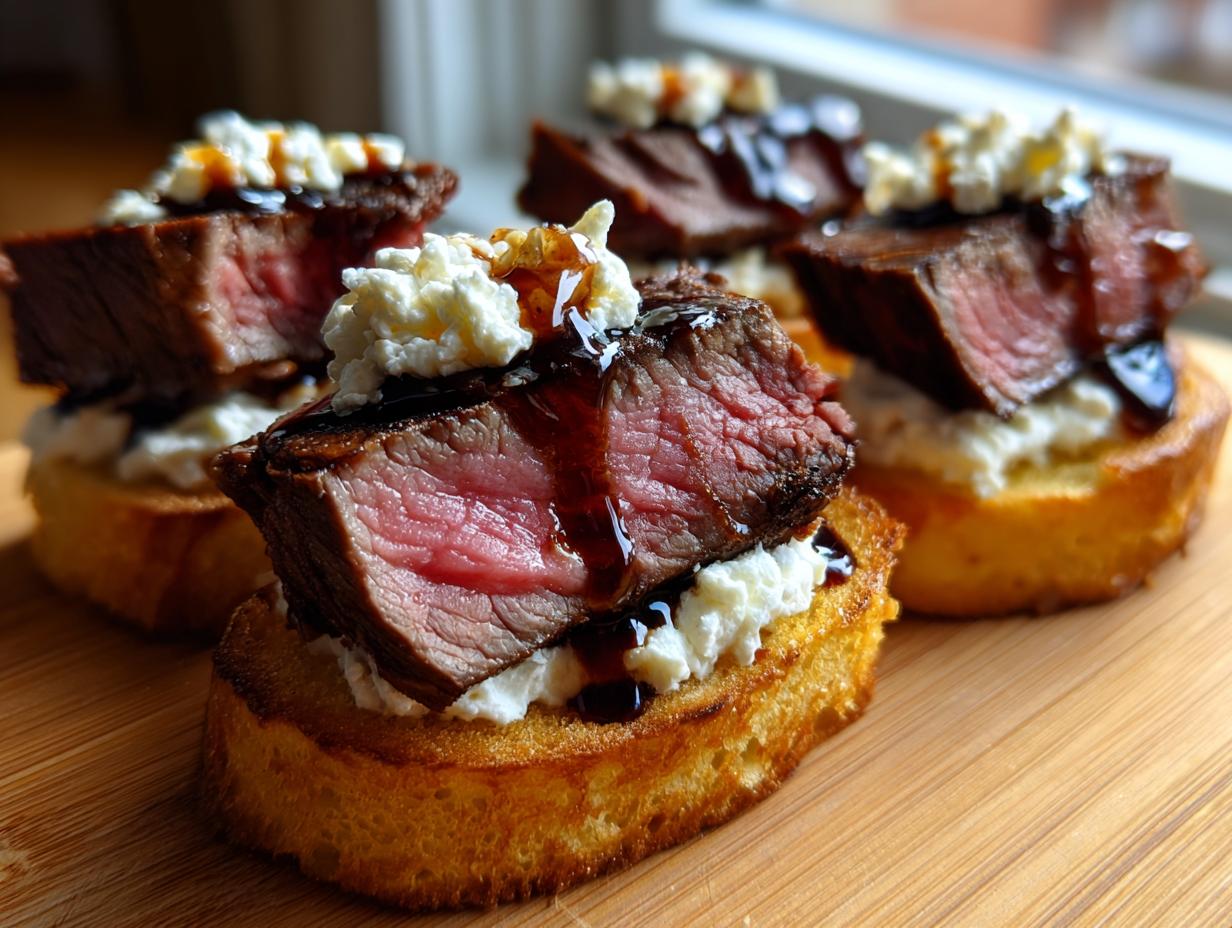 Close-up of perfectly cooked steak crostini topped with cheese and balsamic glaze on a wooden board.