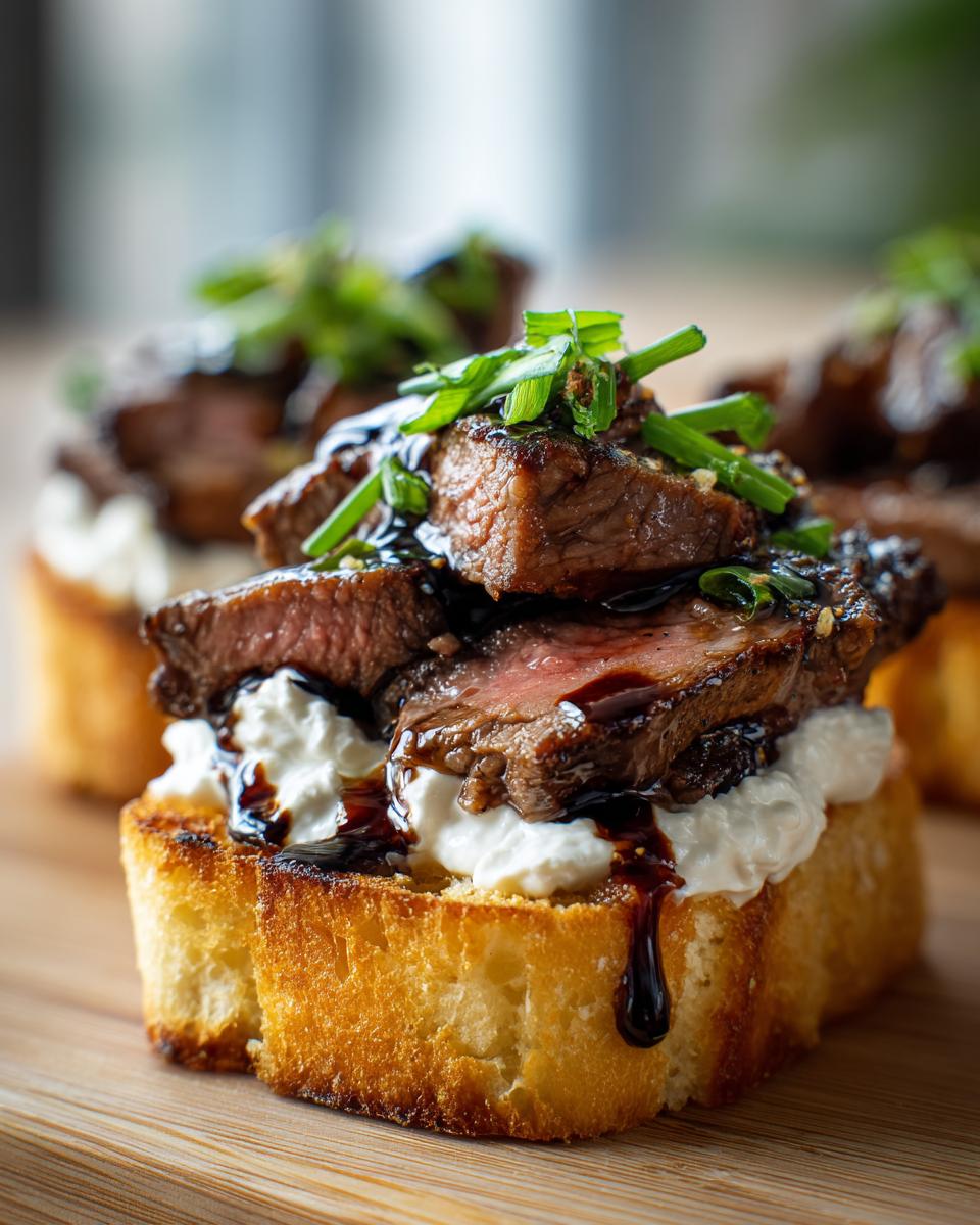 A close-up of a single steak crostini featuring medium-rare steak slices over a white creamy base, drizzled with balsamic glaze and topped with chives.