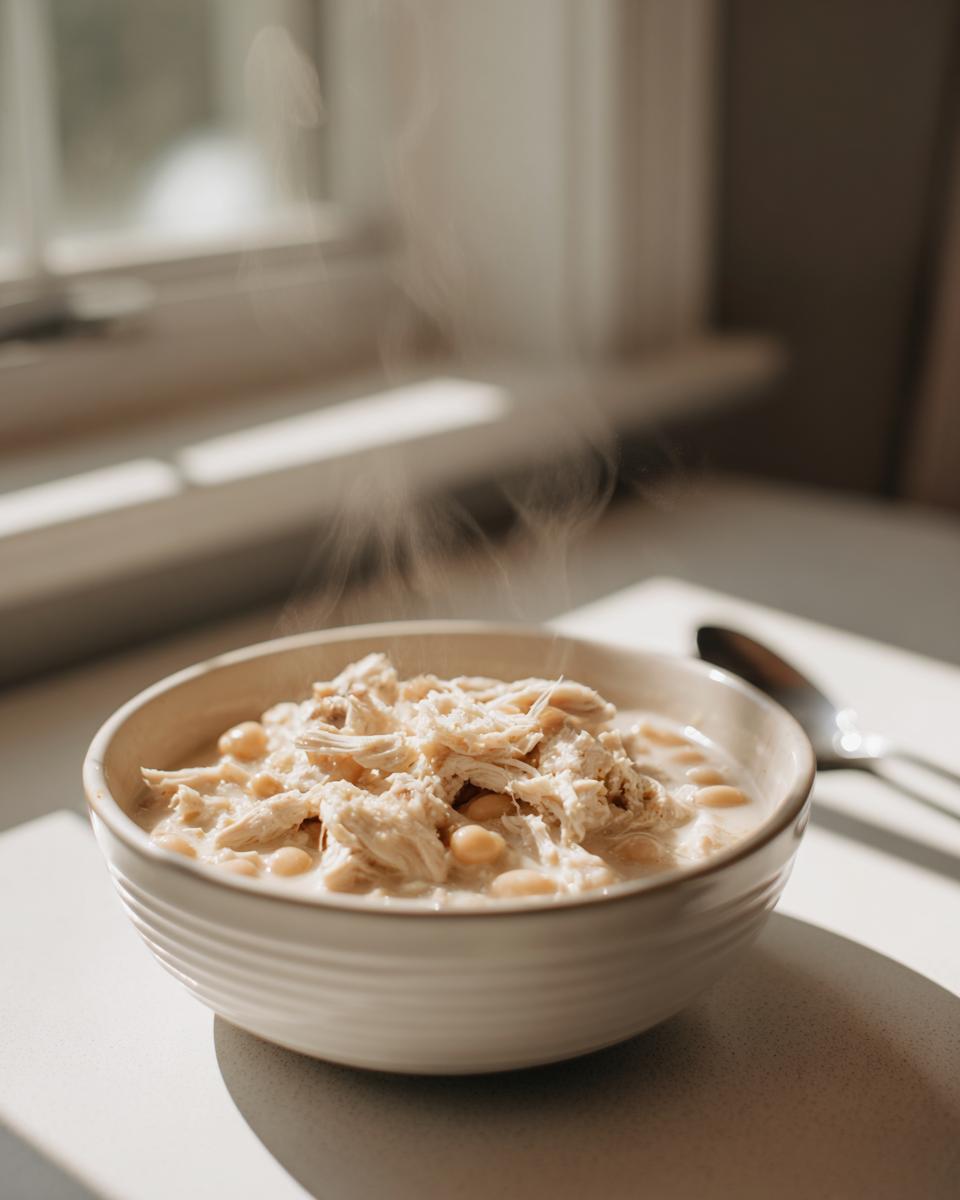 A steaming bowl filled with creamy white beans and shredded white chicken, set near a sunlit window.