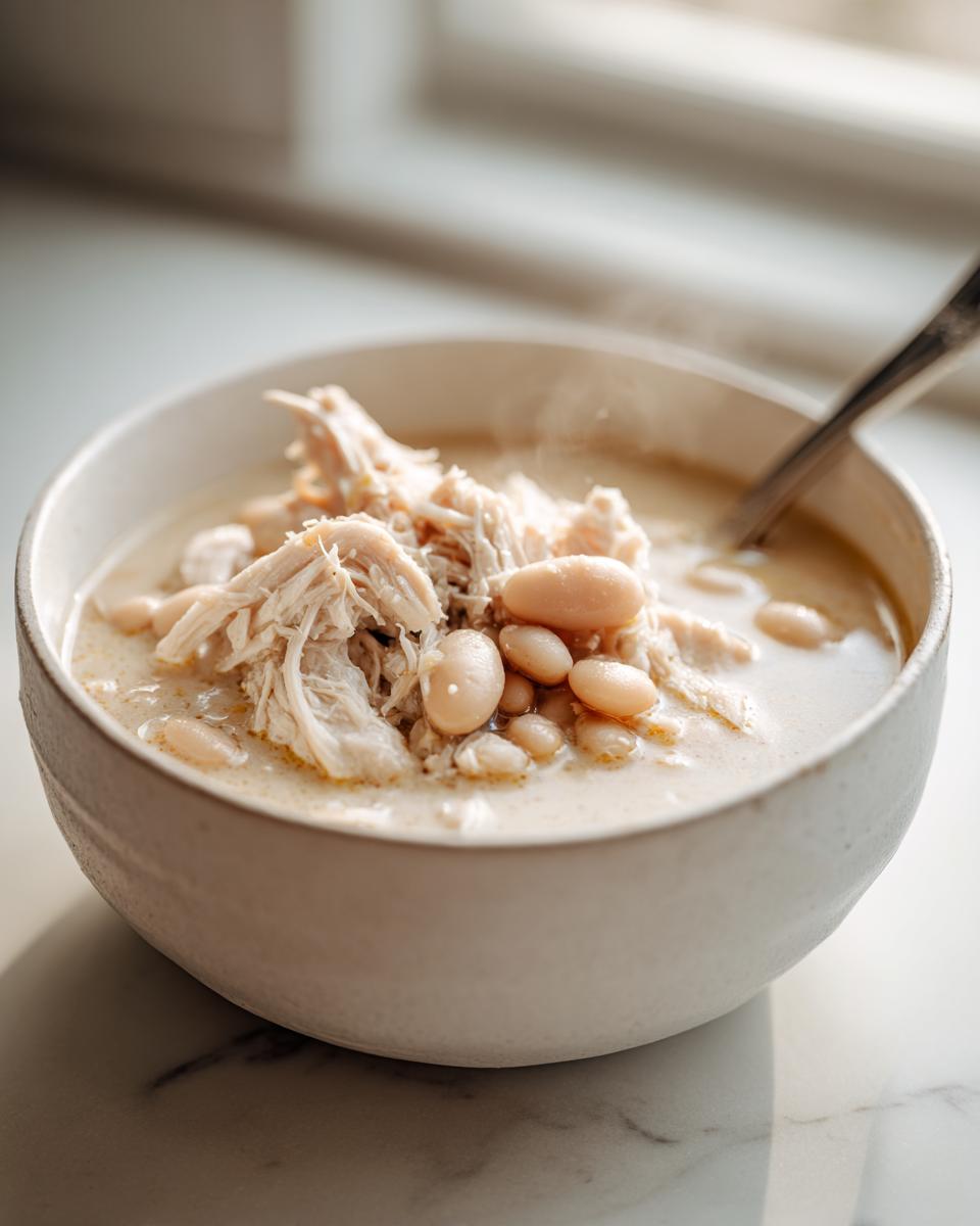Close-up of a steaming bowl containing creamy white chicken chili or soup with shredded white chicken and cannellini beans.