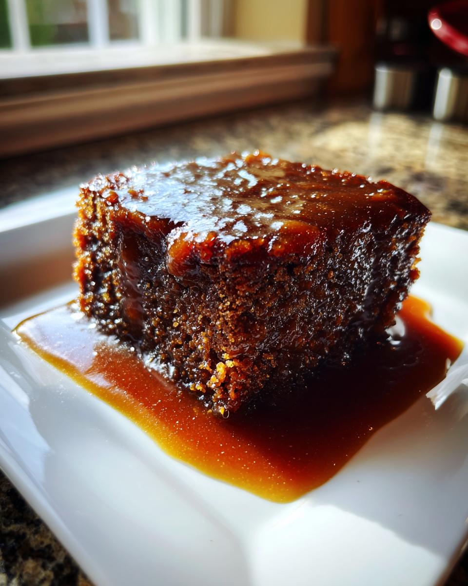 A rich, dark square of sticky toffee pudding recipe covered in glistening toffee sauce on a white plate.