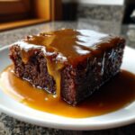 Close-up of a rich, dark slice of sticky toffee pudding generously covered in dripping toffee sauce.