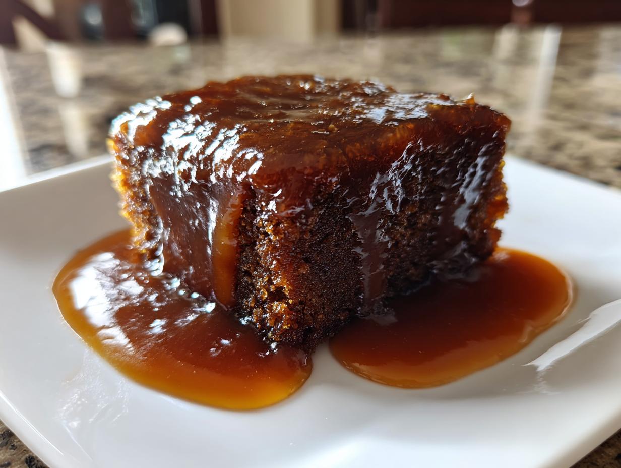 A close-up of a square slice of rich, dark sticky toffee pudding recipe covered in glossy toffee sauce.