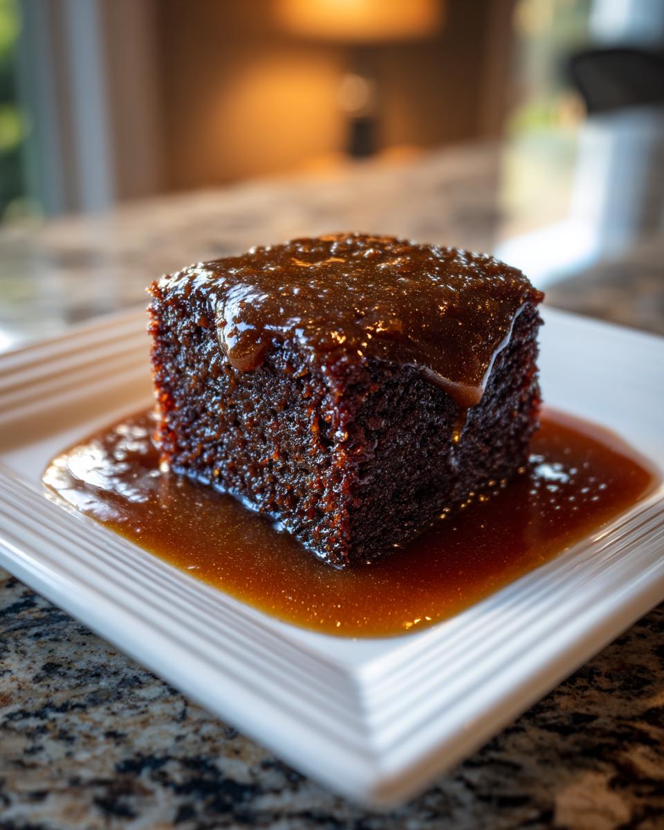 A square slice of rich, dark sticky toffee pudding generously covered in toffee sauce.