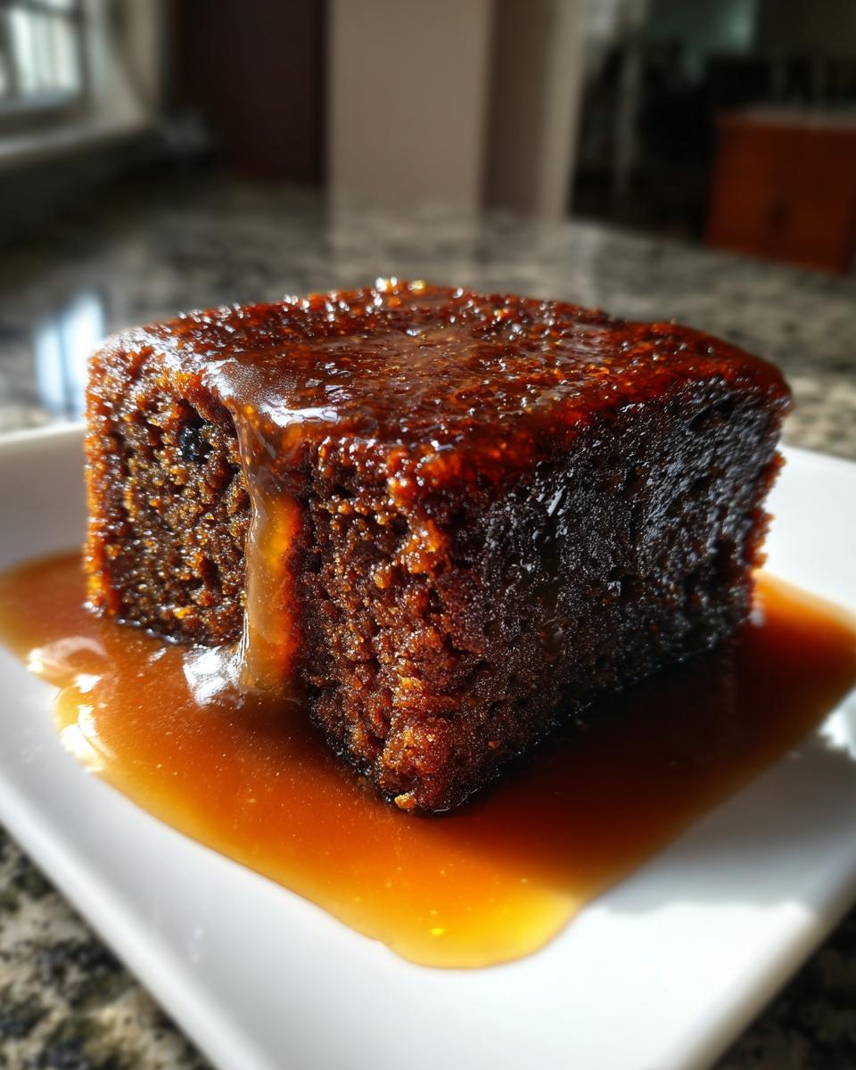 Close-up of a square portion of rich, dark sticky toffee pudding recipe drenched in warm toffee sauce.