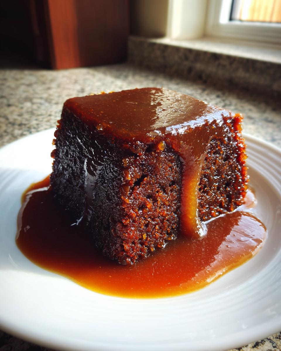 A rich, dark square of sticky toffee pudding recipe covered in thick, glossy toffee sauce, served on a white plate.