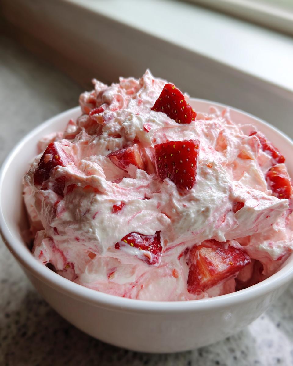 Close-up of a white bowl filled with fluffy, pink strawberry cheesecake dip mixed with chunks of fresh strawberries.