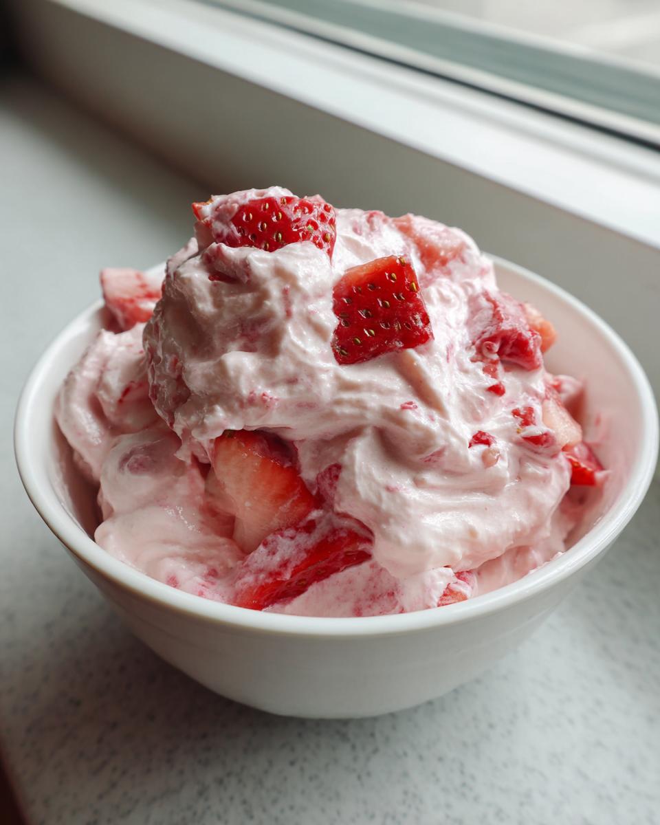 A white bowl filled with fluffy pink strawberry cheesecake dip topped with fresh strawberry chunks.