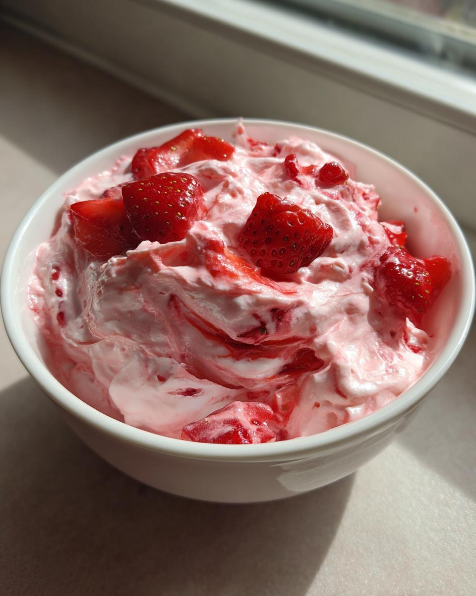 A white bowl filled with fluffy pink strawberry cheesecake dip topped with fresh strawberry chunks.