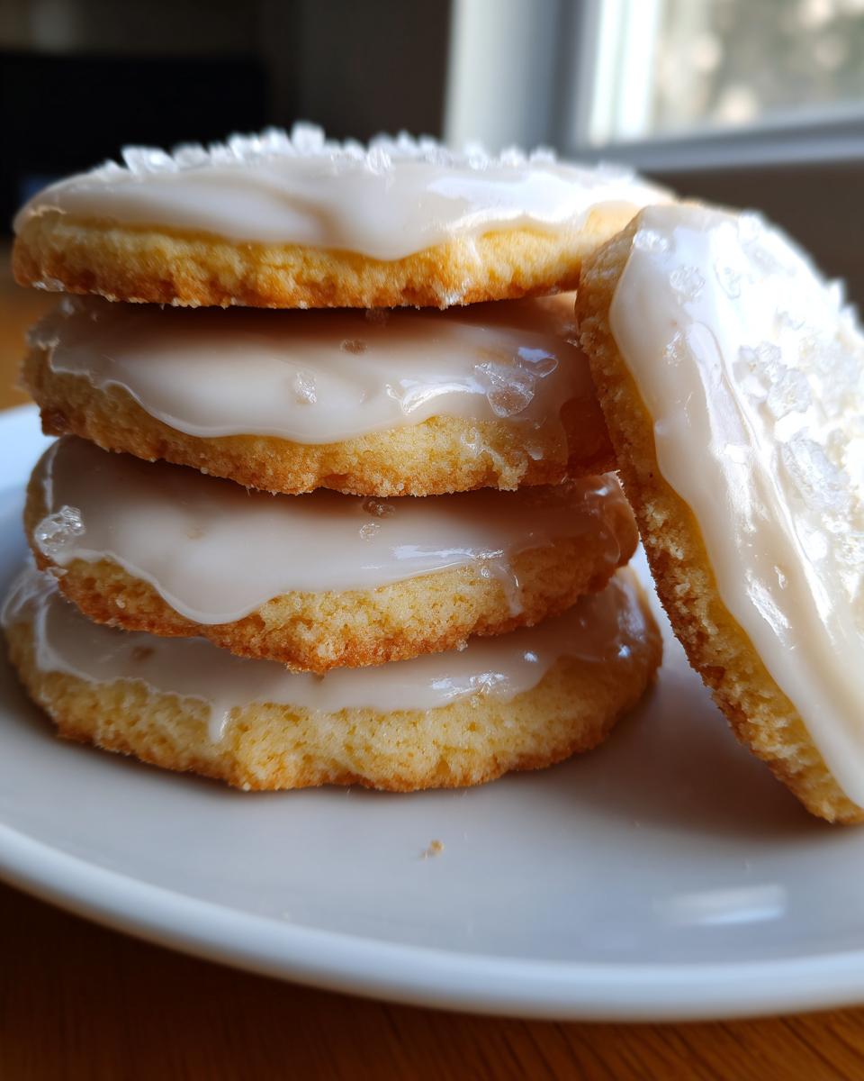 A stack of four sugar cookies topped with shiny sugar cookie icing that hardens, sprinkled with coarse sugar.