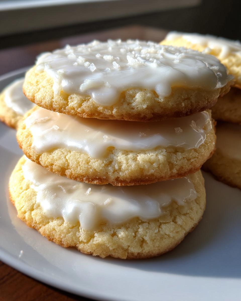 Stack of three sugar cookies topped with white sugar cookie icing that hardens, sprinkled with coarse sugar.