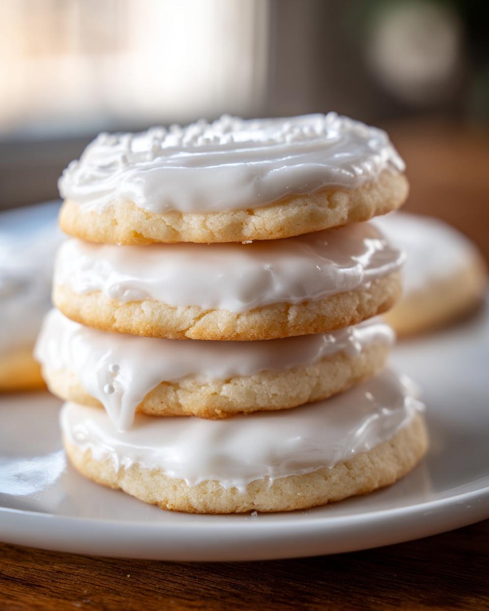 A stack of four sugar cookies topped with thick, glossy sugar cookie icing that hardens.