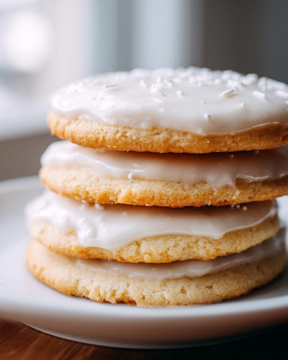 A stack of four golden sugar cookies topped with smooth, white sugar cookie icing that hardens, sprinkled with white nonpareils.