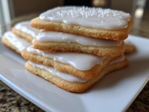 A stack of four rectangular sugar cookies topped with smooth, white sugar cookie icing that hardens, sprinkled with coarse sugar.