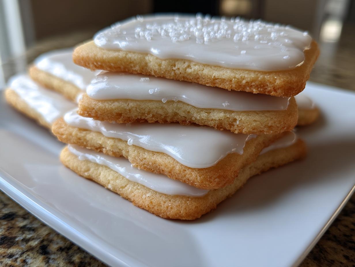 A stack of four rectangular sugar cookies topped with smooth, white sugar cookie icing that hardens, sprinkled with coarse sugar.