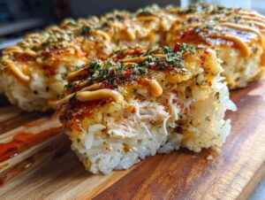 A close-up slice of a 3-layer sushi bake showing shredded filling, topped with sauces and furikake.