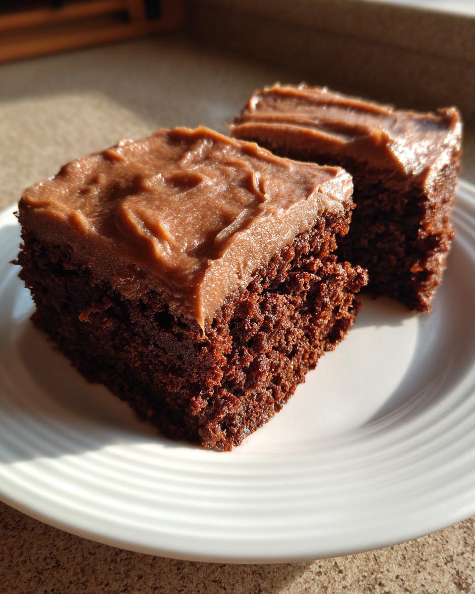 Two rich, dark slices of moist gingerbread cake topped with thick chocolate frosting, sitting on a white plate.