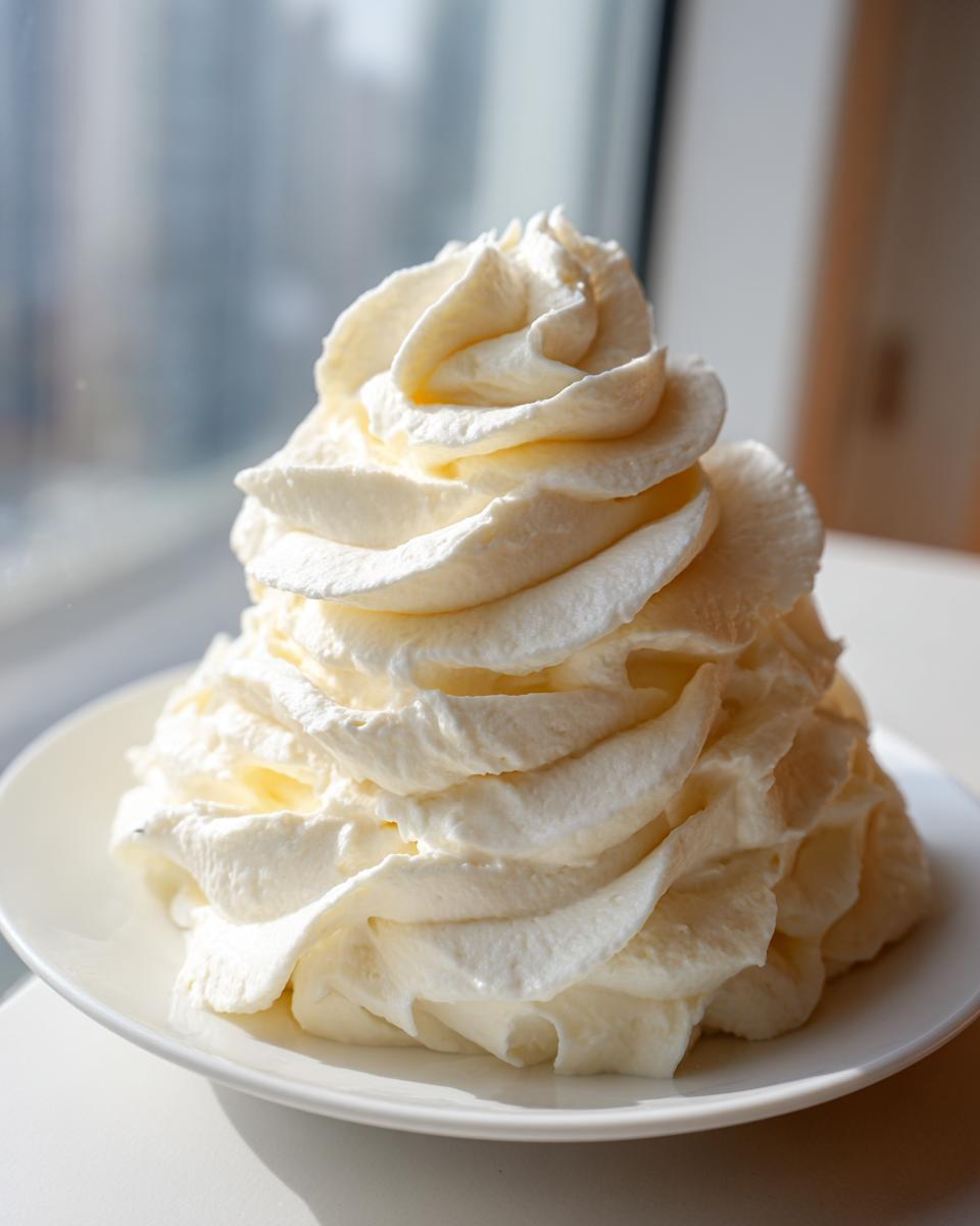 A tall, perfectly piped mound of creamy white vanilla buttercream frosting sitting on a small white plate.