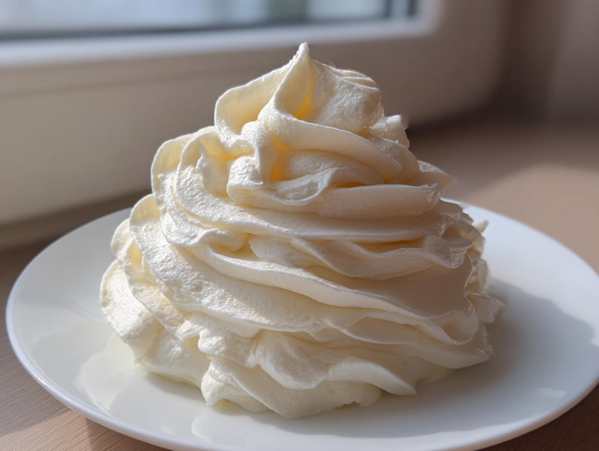 A beautiful, tall swirl of creamy white vanilla buttercream frosting piped onto a small white plate.