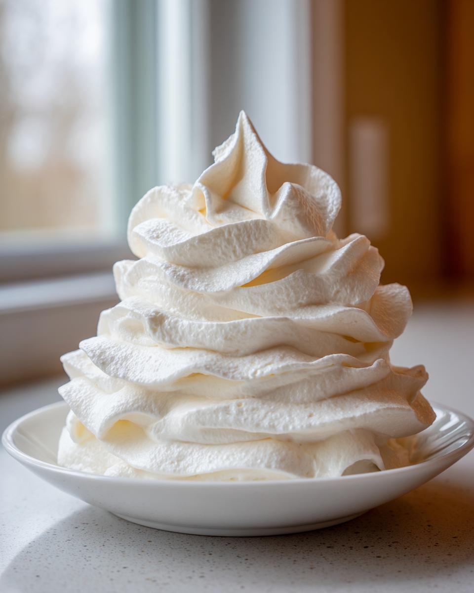 A tall, perfectly piped swirl of white vanilla buttercream frosting in a small white bowl.