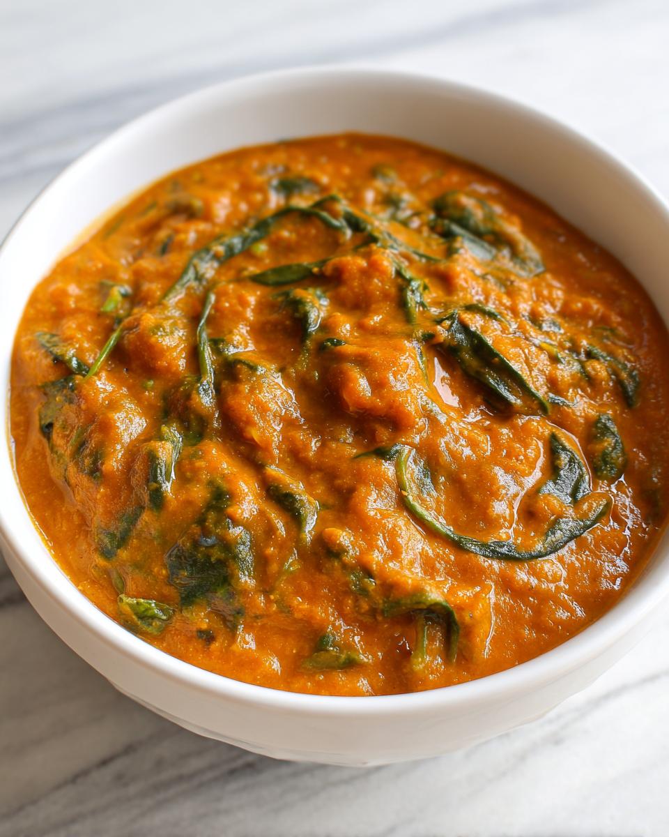 A close-up shot of a creamy, orange vegan pumpkin curry mixed with wilted green spinach leaves in a white bowl.