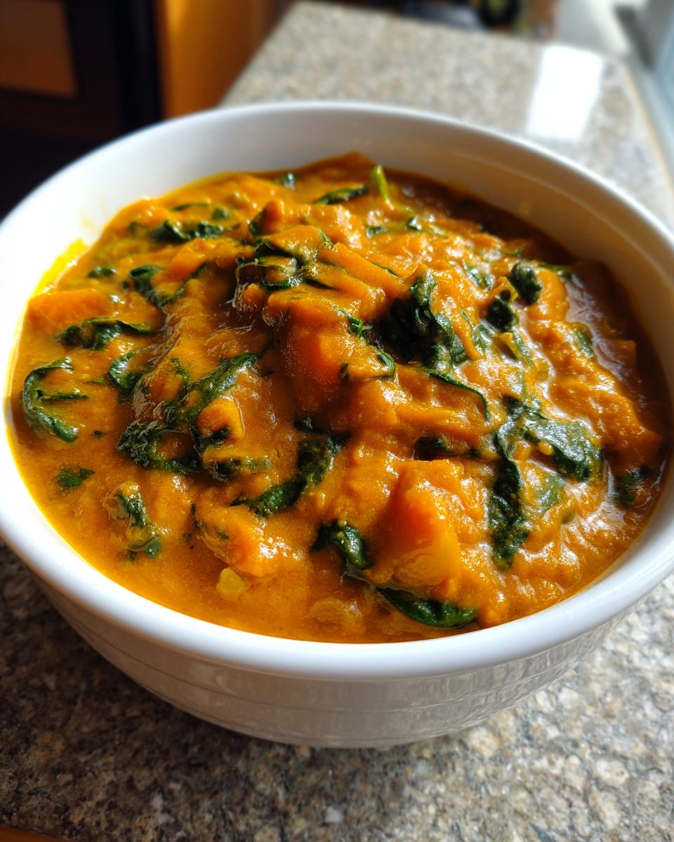 Close-up of a white bowl filled with creamy, orange vegan pumpkin curry mixed with dark green spinach leaves.