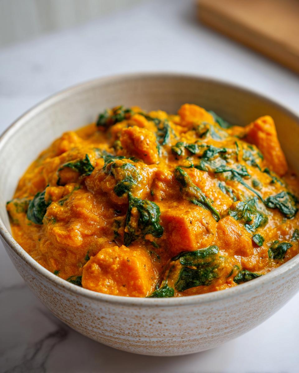 A close-up of a hearty bowl of vibrant orange vegan pumpkin curry mixed with dark green spinach.