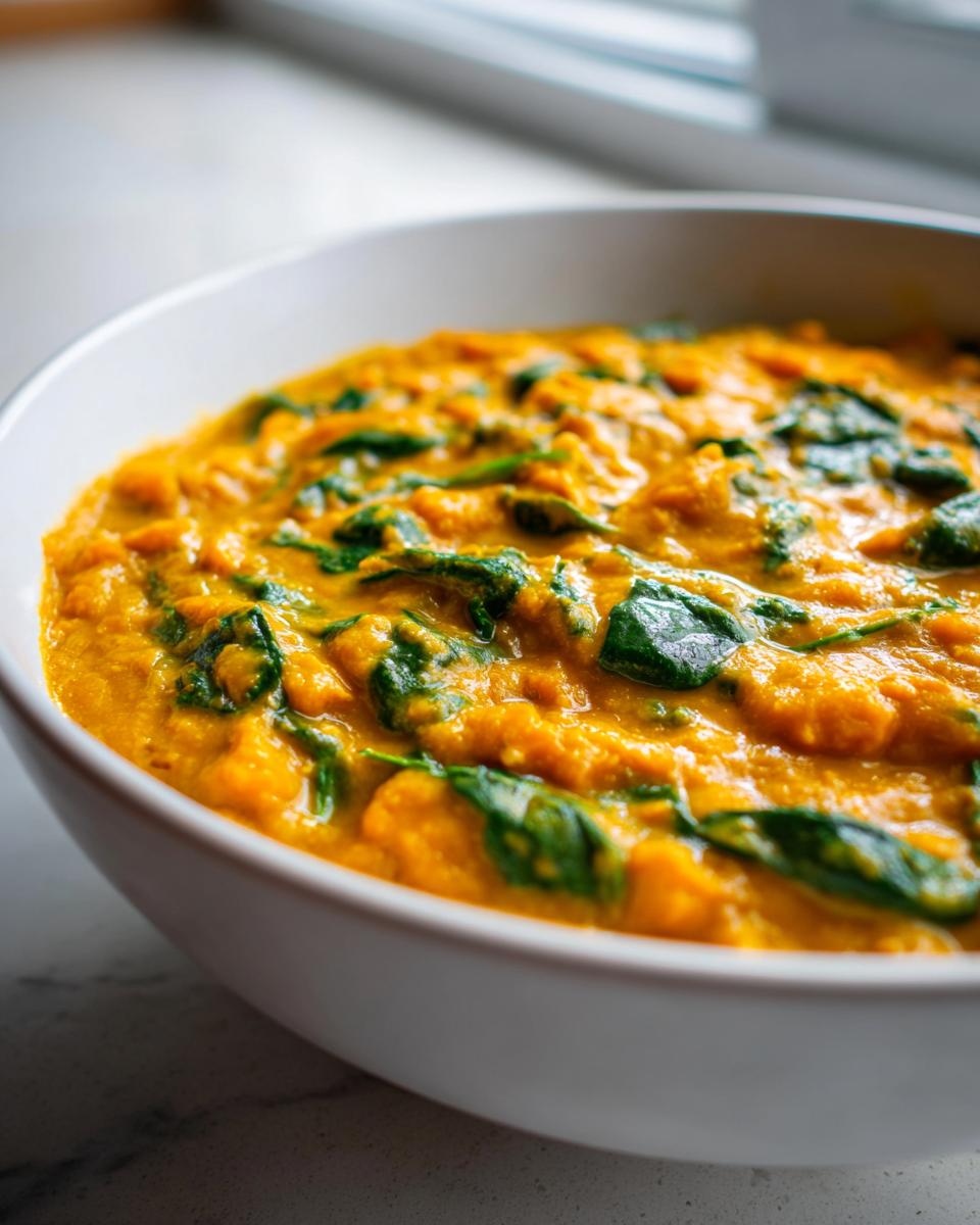 Close-up of a creamy, orange pumpkin curry mixed with vibrant green spinach leaves served in a white bowl.
