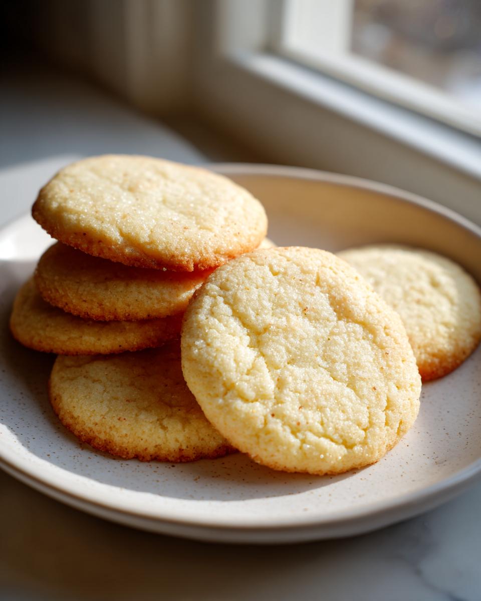 A stack of freshly baked, round vegan sugar cookies lightly sprinkled with sugar on a speckled plate near a window.