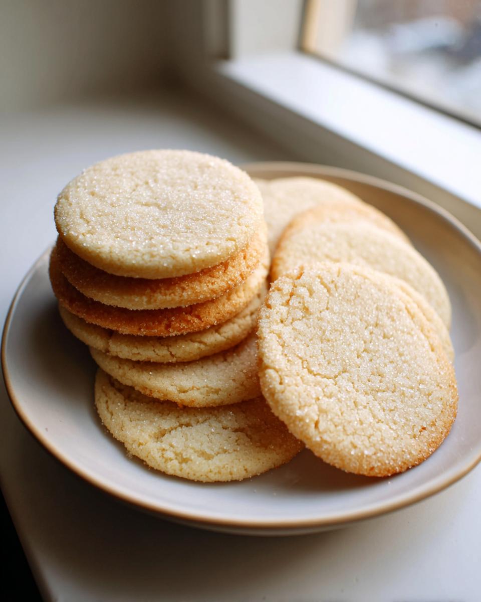 A stack and pile of freshly baked vegan sugar cookies coated in sparkling sugar, resting on a light-colored plate.