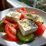 Close-up of a vibrant greek salad featuring thick slices of tomato, cucumber, and large cubes of feta cheese topped with oregano and olive oil.