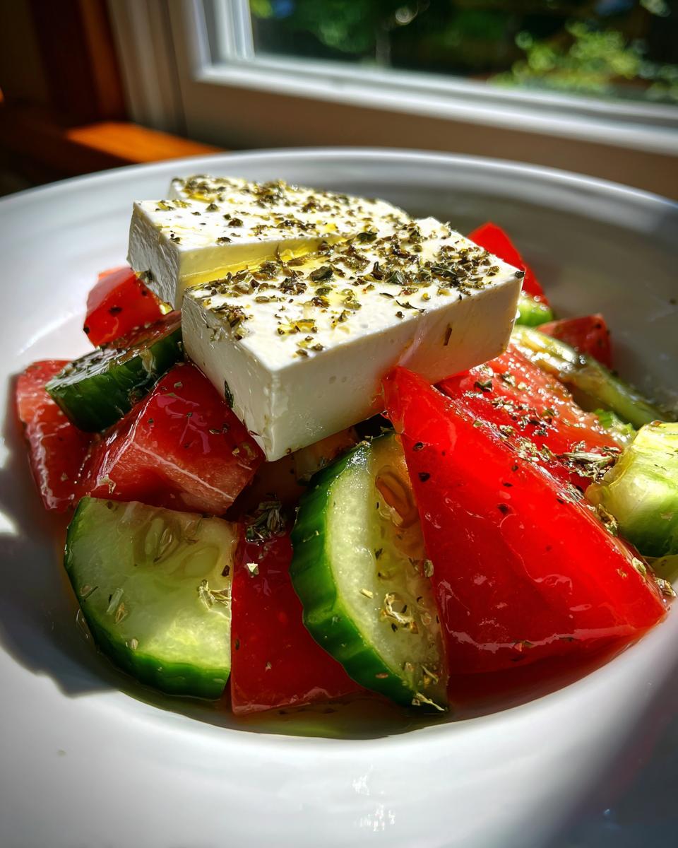 Close-up of a vibrant greek salad featuring large chunks of tomato, cucumber, and two blocks of feta cheese topped with olive oil and dried oregano.