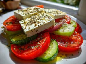 Close-up of a vibrant greek salad featuring thick slices of tomato, cucumber, red onion, and large blocks of feta cheese sprinkled with oregano.