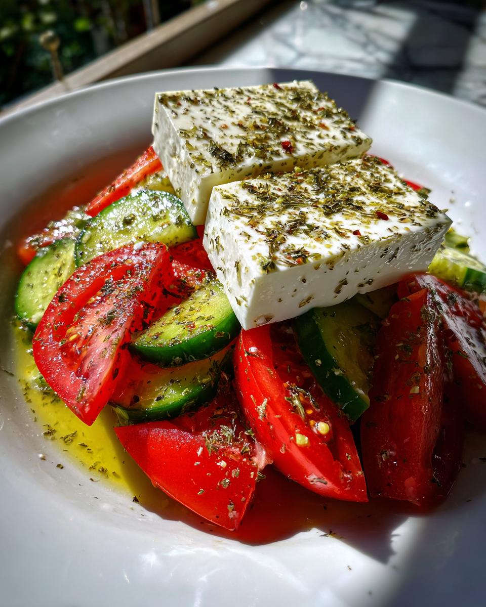 Close-up of a fresh greek salad featuring thick slices of tomato, cucumber, and two large blocks of feta cheese seasoned with herbs.