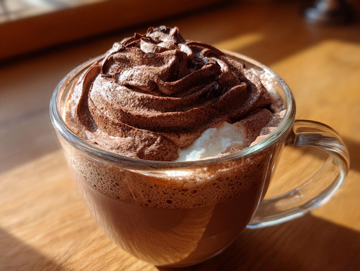 A close-up photo of a glass mug filled with rich, dark whipped hot chocolate topped with a thick swirl of chocolate cream.