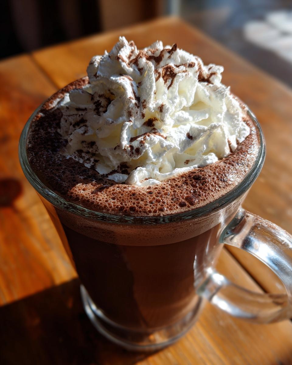 A close-up of a glass mug filled with rich whipped hot chocolate, topped high with whipped cream and cocoa powder.