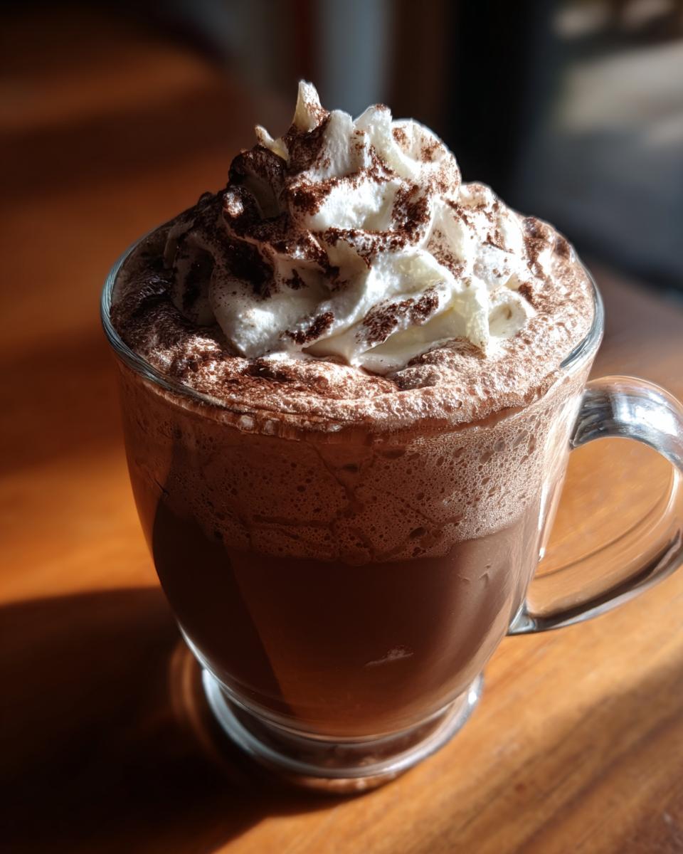 A clear glass mug filled with rich, frothy whipped hot chocolate, topped with a swirl of whipped cream and cocoa powder.
