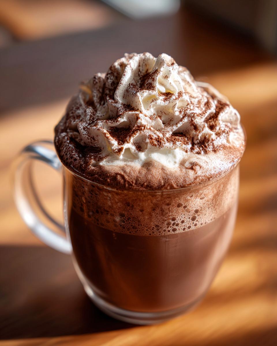 A close-up of a rich, dark whipped hot chocolate topped with a generous swirl of whipped cream and cocoa powder.