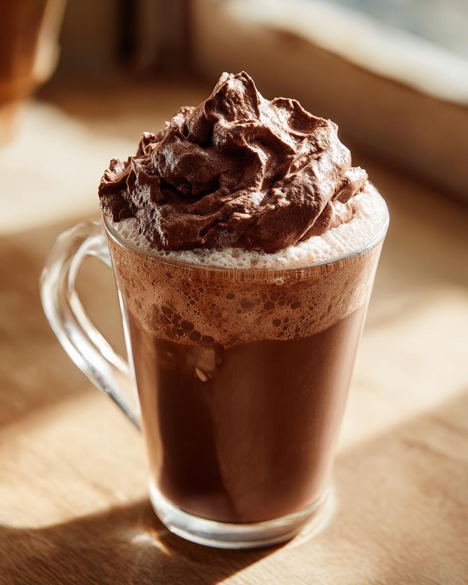 Close-up of a glass mug filled with rich, dark whipped hot chocolate topped with a generous swirl of chocolate cream.