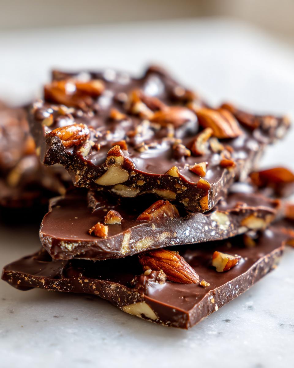 Close-up of broken pieces of rich chocolate toffee recipe topped with toasted almonds.