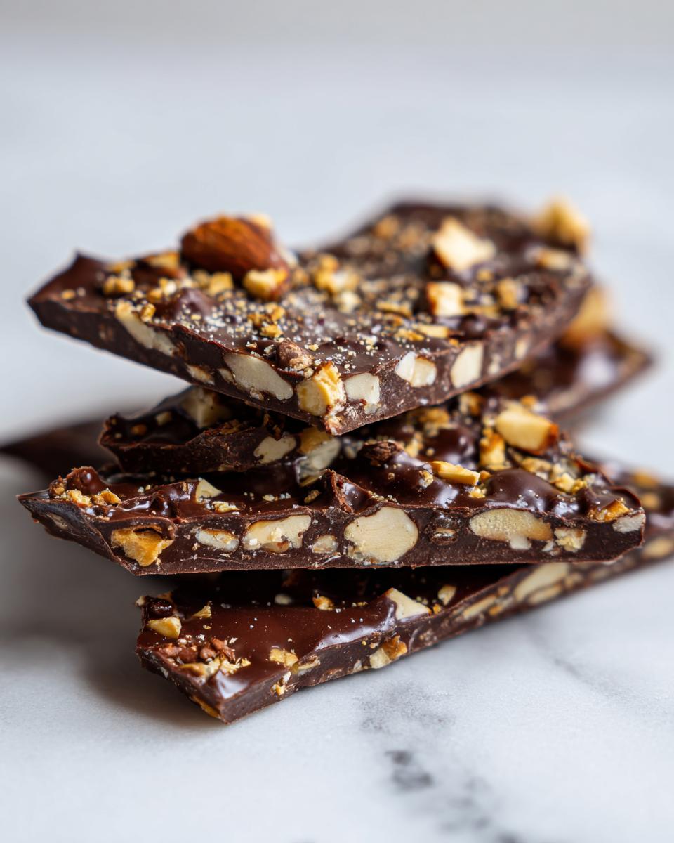 Stack of dark chocolate almond toffee pieces sprinkled with sea salt on a white marble surface.