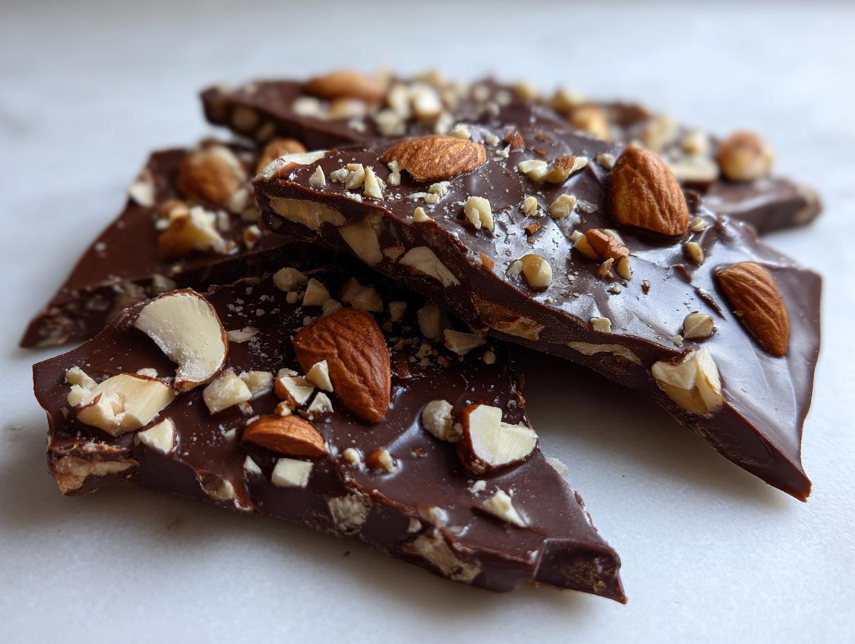 Close-up of broken pieces of dark chocolate almond toffee recipe scattered on a white surface.