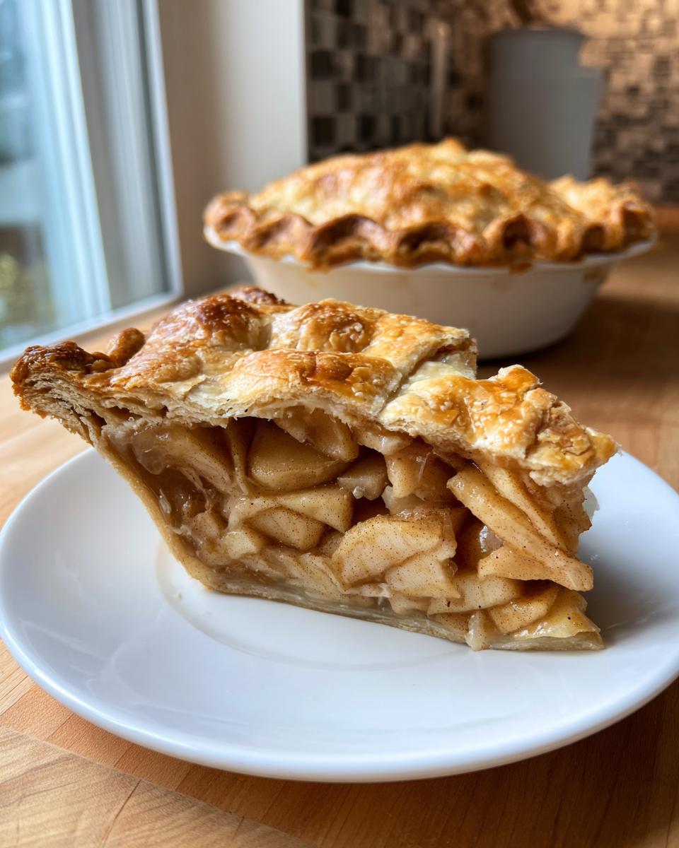 Close-up of a slice of amazing apple pie showing a flaky crust and cinnamon-spiced apple filling.