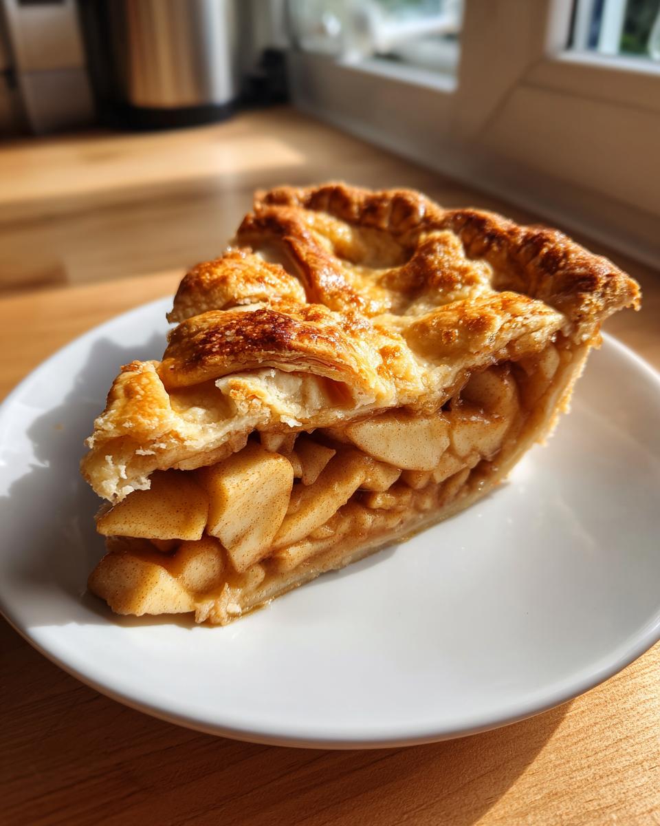 A close-up slice of amazing apple pie showing a thick, flaky crust and cinnamon-spiced apple filling.
