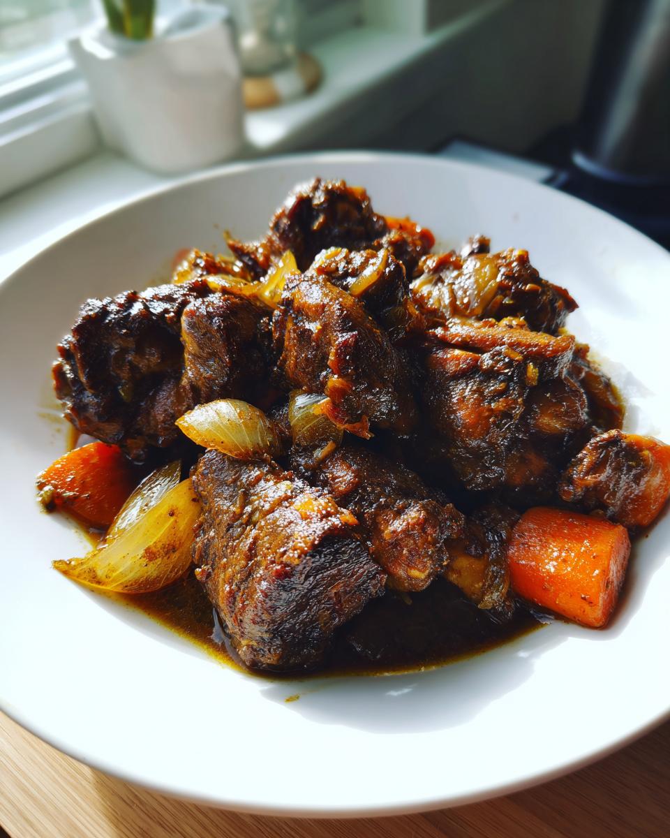 Close-up of rich, dark brown stew chicken pieces served with carrots and onions on a white plate.